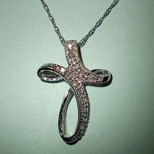 NEW 10k White Gold Diamond Cross Slide Chain Infinity Ribbon Pendant Charm 10kt